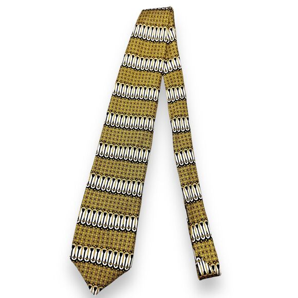 Designer Mens 100% Silk Dress Tie Made in Italy Gold Geometric Print 58" 3.75"‎ - Picture 2 of 9